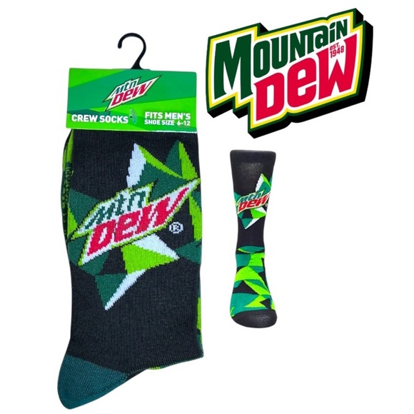 Socks Mountain Dew Novelty Crew Length Reinforced Black Green Unisex Men 6-12 - Picture 1 of 16